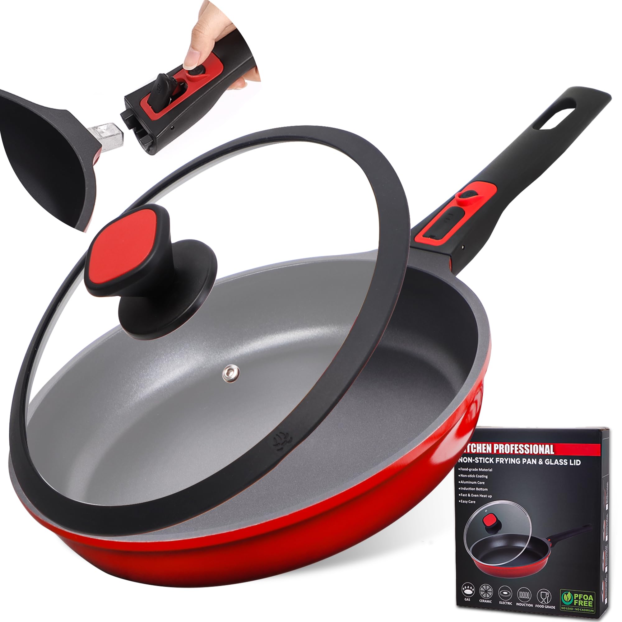 DIIG Nonstick Frying Pan Skillet with Silicone Lid, 10 Inch Saute Pan Omelet Sauce Pan Red Cookware, Oven Safe Chef Pan for Cooking with Detachable Handle, Induction Gas All Stoves Compatible