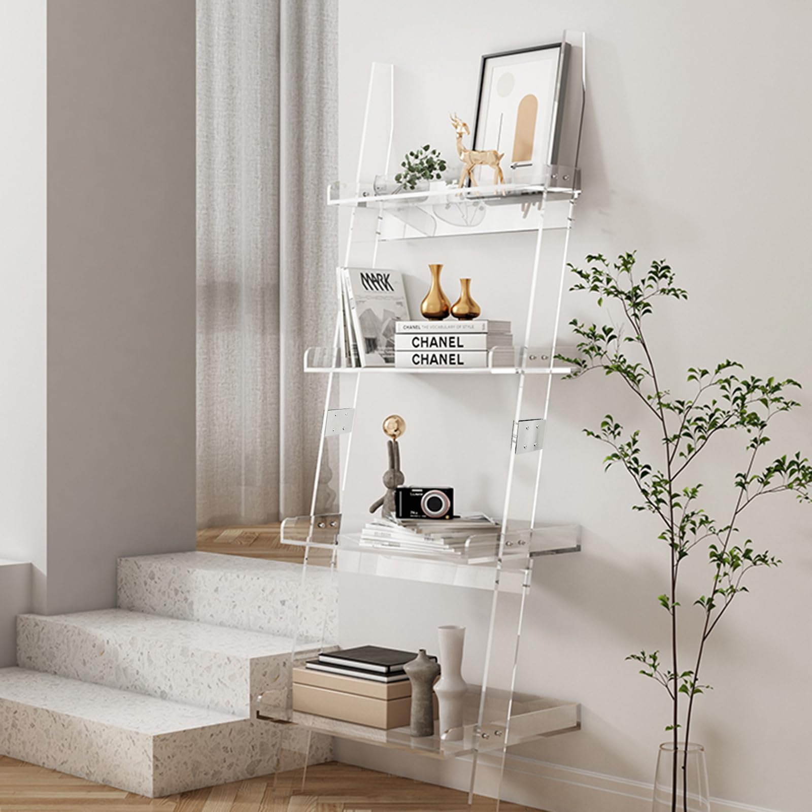 Nalwort Acrylic Ladder Bookshelf, 4-Tier Clear Leaning Book Shelf, Large Unique Bookcase, Storage Organizer Shelf for Bedroom, Living Room, Office, 72" H x 21" W x 14" D