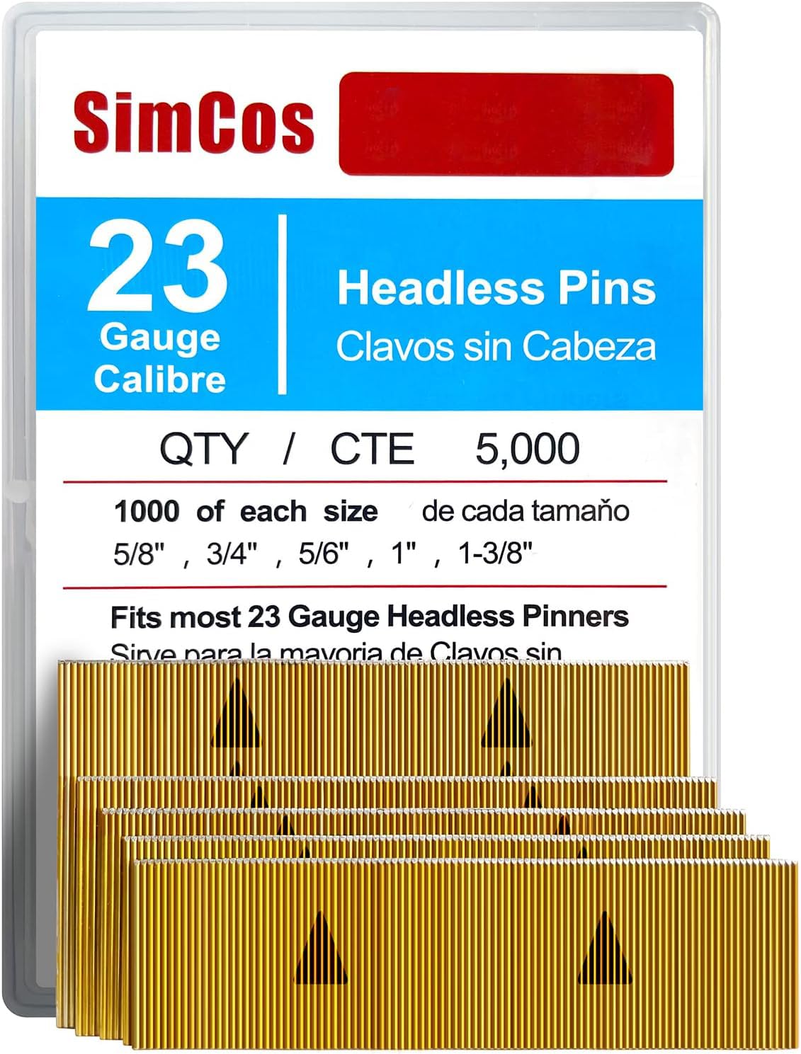 SimCos 23 Gauge Pinner Nails (5/8",3/4",5/6",1",1-3/8") assorted 5 sizes' Headless Pin Nails for 23 GA Pneumatic or Electric Pinner or pin gun,Project Pack (5000)