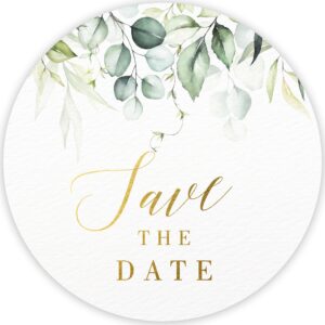 mobiusea creation greenery save the date stickers for envelopes | 1.4 inch | gold foil | 108pcs waterproof invitation stickers for wedding, bridal shower, birthday, baby shower