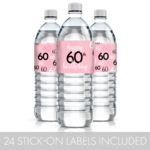 Pink, Black, and White 60th Birthday Party Water Bottle Labels - 24 Waterproof Wrappers, 60th Birthday Decorations for Women