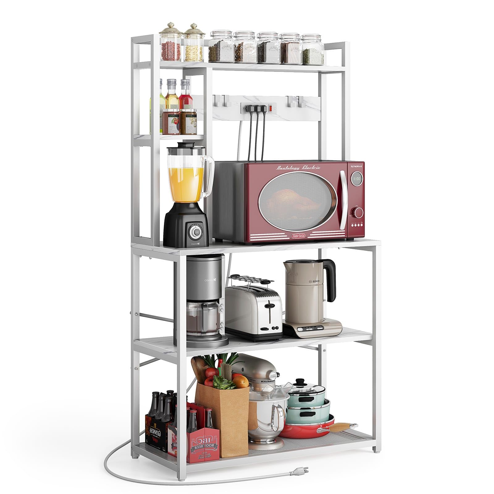 ciecie 31.5 Inch Bakers Rack with 3 Power Outlets, 5 Tiers Microwave Stand with Storage, Heavy Duty Kitchen Shelves with Plugs, Microwave Stand, Kitchen Rack, Kitchen Stand, Coffee Stand-Marble