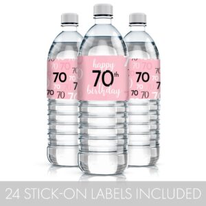 Pink, Black, and White 70th Birthday Party Water Bottle Labels - 24 Waterproof Wrappers, 70th Birthday Decorations for Women