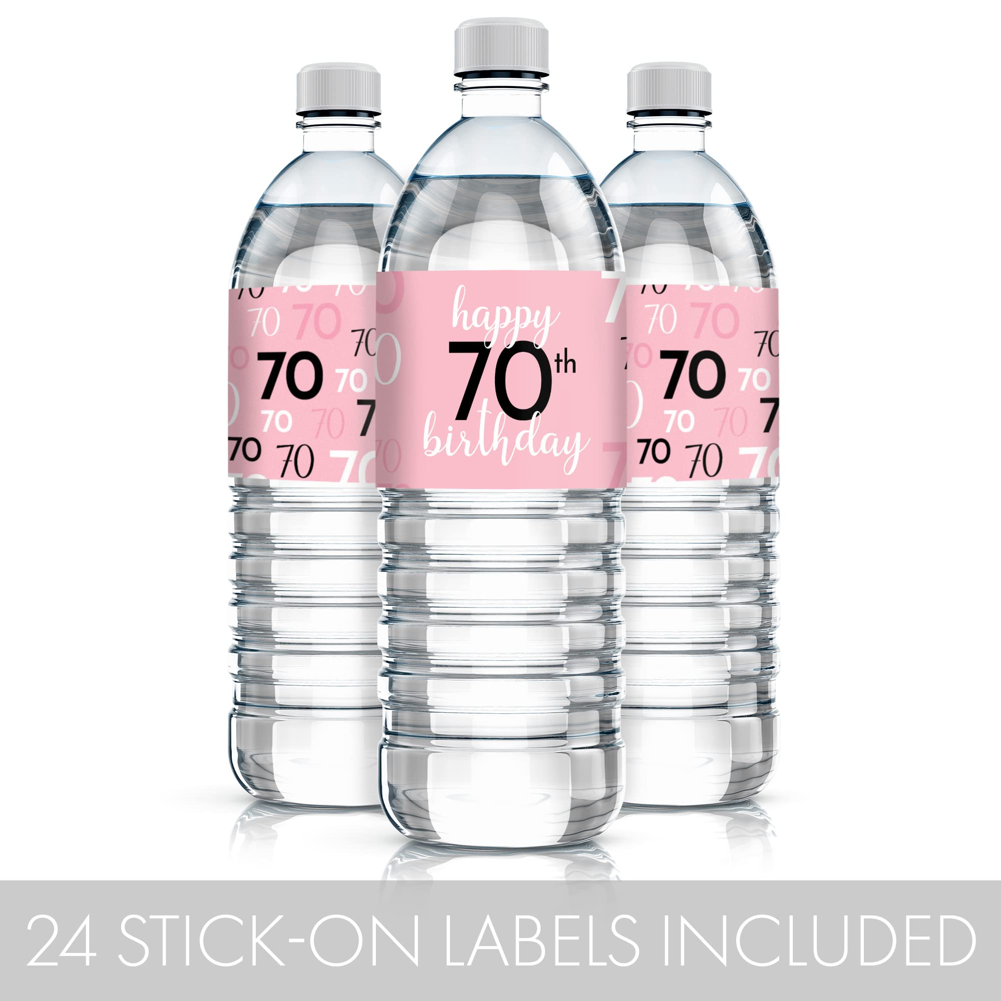 Pink, Black, and White 70th Birthday Party Water Bottle Labels - 24 Waterproof Wrappers, 70th Birthday Decorations for Women