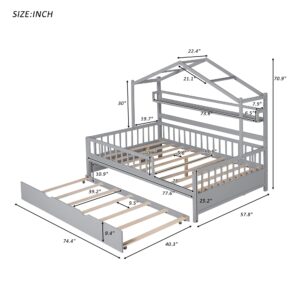 Full Size House Bed with Trundle and Storage Shelves, Montessori Bed Full Platform Bed with Roof, Tent Bed, Solid Wood Playhouse Bed Frame for Kids Teens Girls Boys (Full, Gray)