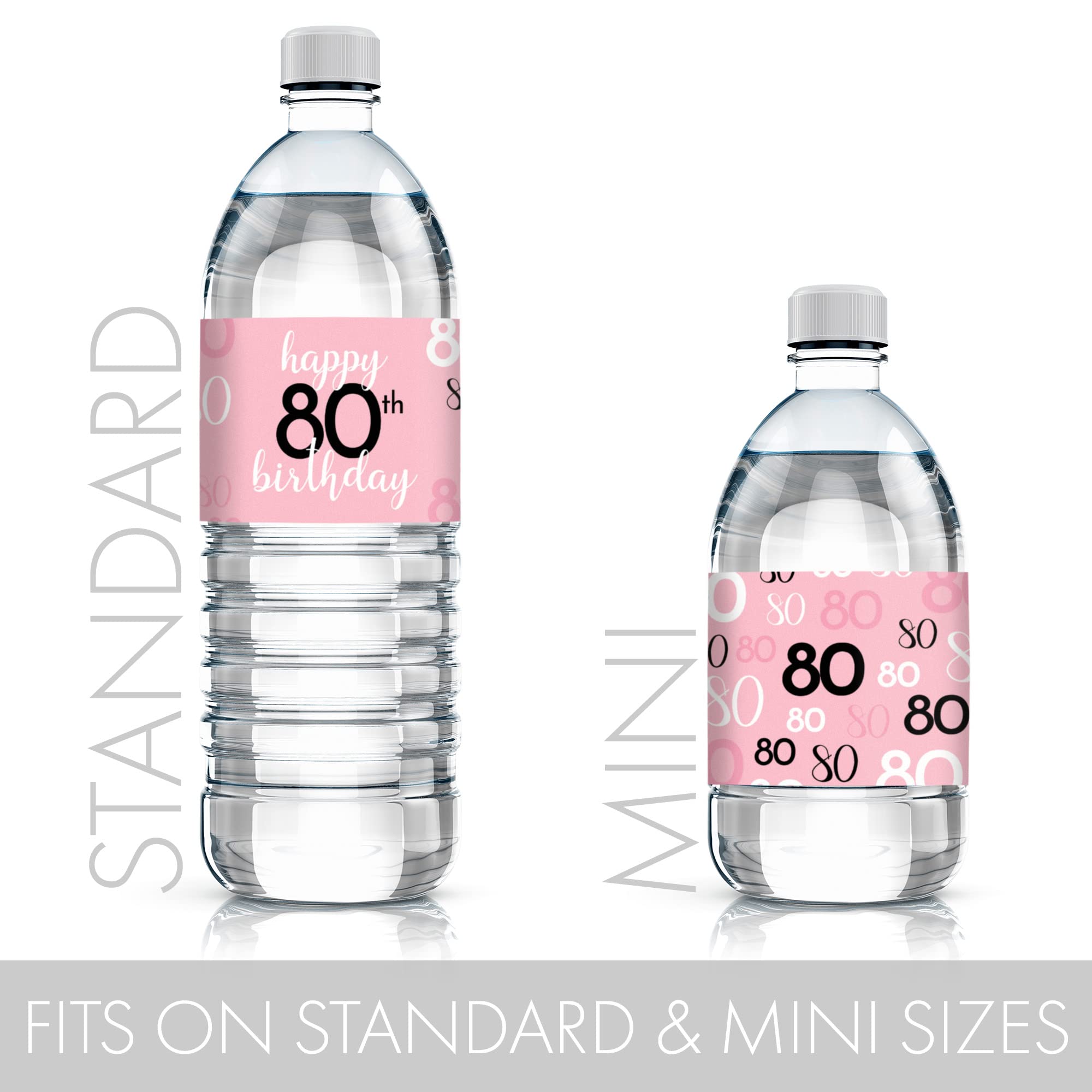 Pink, Black, and White 80th Birthday Party Water Bottle Labels - 24 Waterproof Wrappers, 80th Birthday Decorations for Women