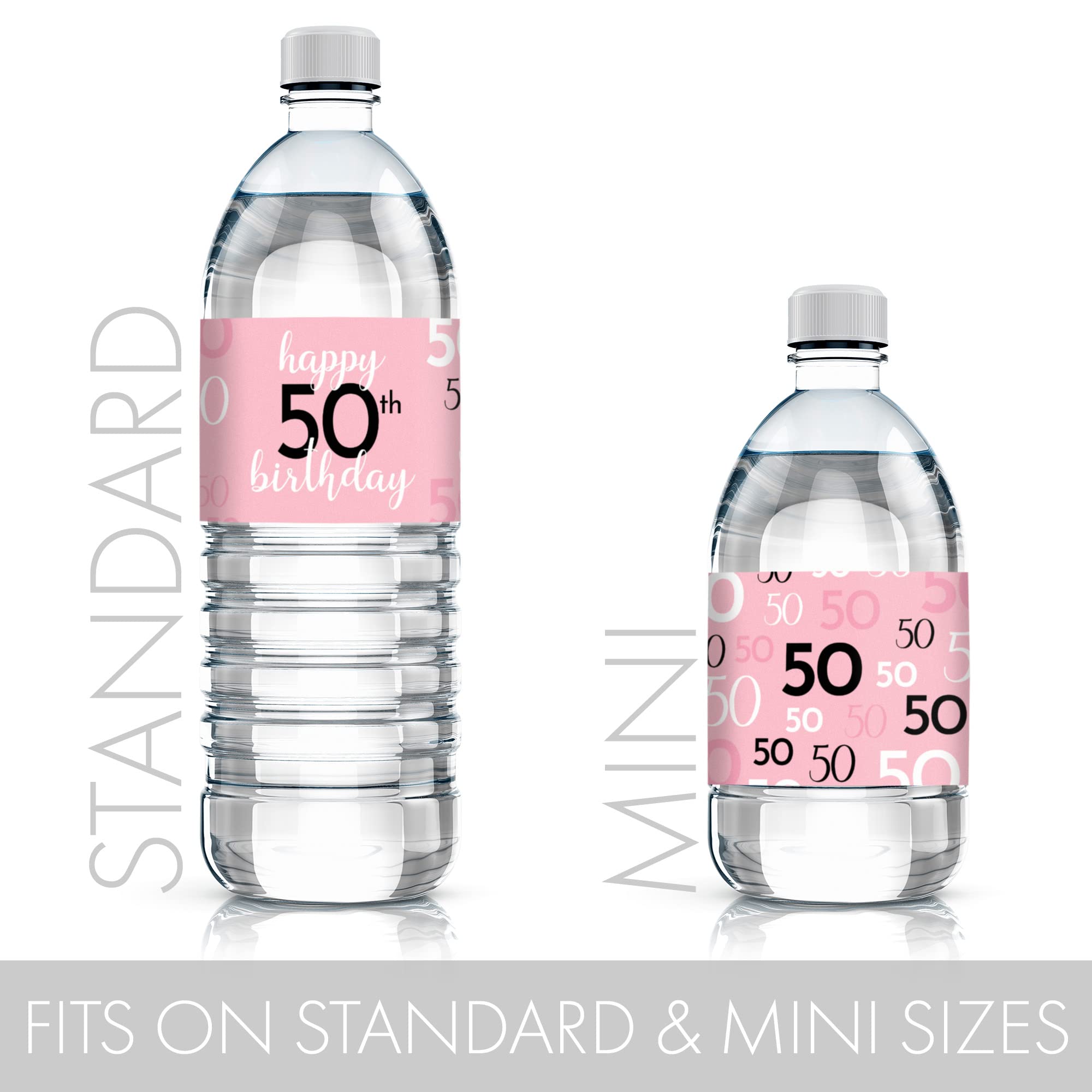 Pink, Black, and White 50th Birthday Party Water Bottle Labels - 24 Count, 50th Birthday Party Decorations for Women