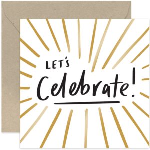 old english co. well done card for him or her - 'let's celebrate' gold foil congratulations greeting card for men and women - new job, engagement, birthday, exam results | blank inside with envelope