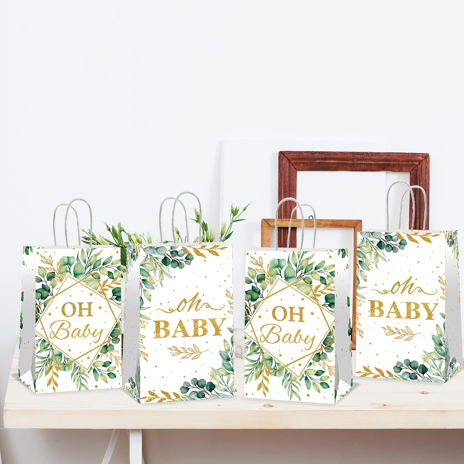 ZOIIWA 12pcs Oh Baby Party Favors Bags Sage Green Candy Bags Eucalyptus Leaf Treat Bags Gold Foil Greenery Goodie Bags for Sage Boho Woodland Neutral Baby Shower Party Decorations Supplies