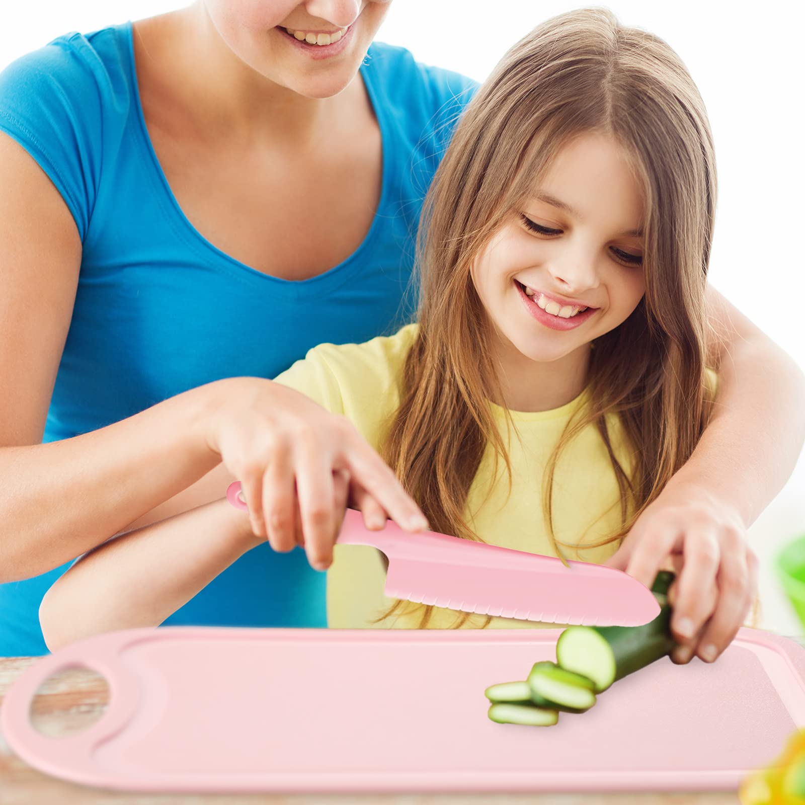 Hartya Kid-Safe Cooking Knife Set for Real Cooking with Cutting Board, Plastic Knives, Plate & Fork, BPA-Free Kids Knives/Toddler Knives (A Pink)