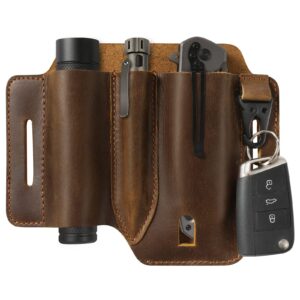 jack&chris leather edc multitool sheath for belt, edc belt organizer for leatherman tools, edc pocket organizer for men with pen holder, key fob, flashlight sheath, brown, jc302-8