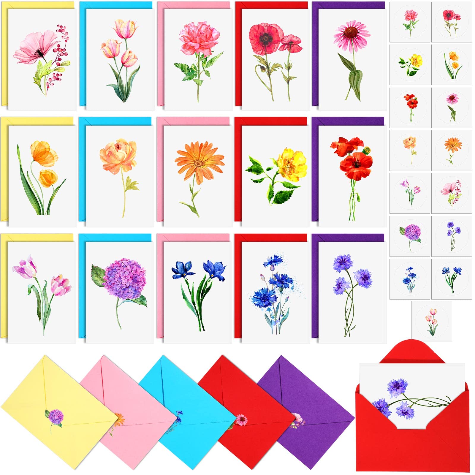 Colarr 150 Set Floral Watercolor Blank Cards with Envelopes Stickers 4 x 6 Inch Note Cards Blank Greeting Cards Bulk Stationary Notecards for Birthday Mother's Day Thank You Gifts