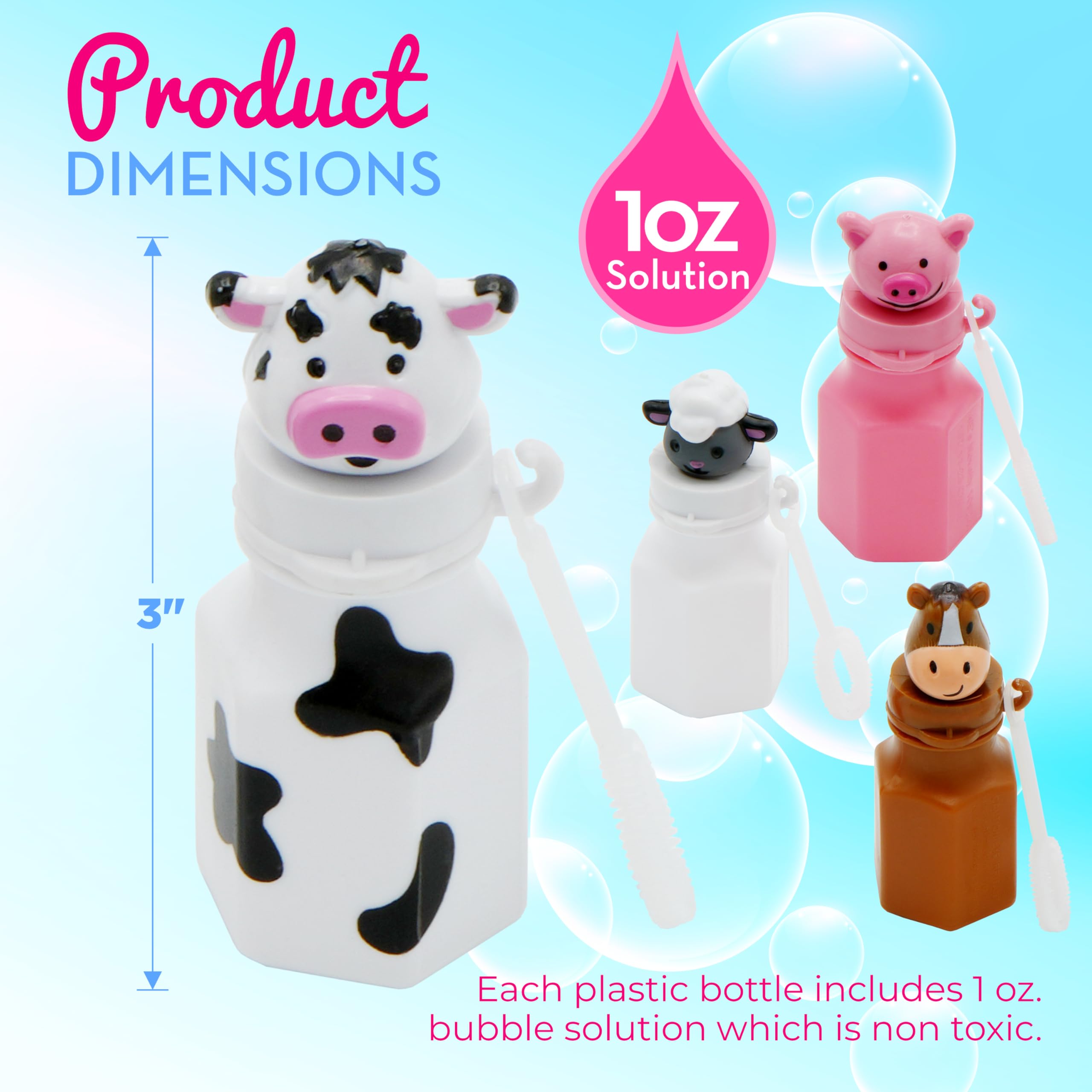 12 Farm Animals Bubbles 12 Pack - Barnyard Farm Animal Bubbles Party Favors with Wands Includes - Horse, Sheep, Pig and Cow by 4E's Novelty