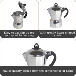 Imusa 3 Cup Stovetop Espresso Maker with Heart Shaped Knob, Silver