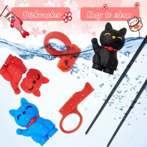 Nuanchu 4 Pairs Training Chopsticks for Kids Beginner Adult Cute Tableware Reusable with Attachable Learning Chopstick Helper, 4 Colors, Lucky Cat