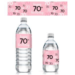 pink, black, and white 70th birthday party water bottle labels - 24 waterproof wrappers, 70th birthday decorations for women