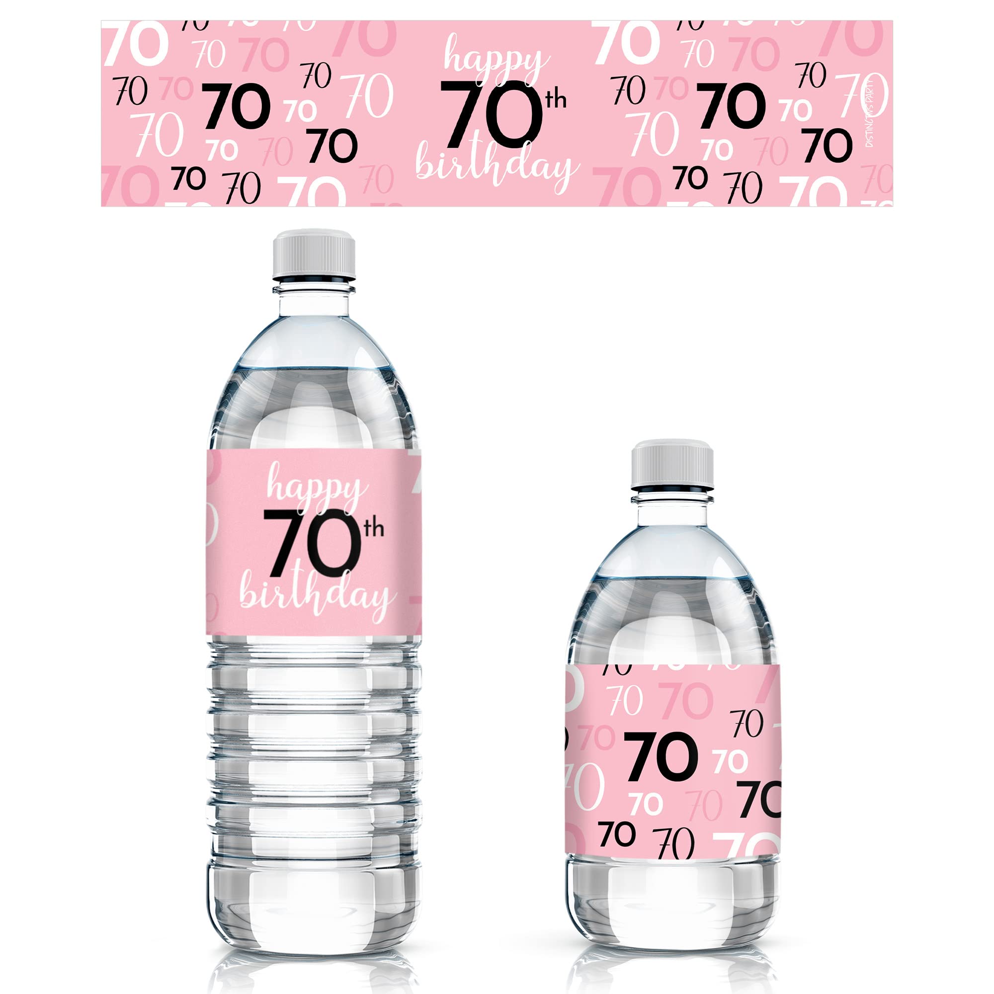 Pink, Black, and White 70th Birthday Party Water Bottle Labels - 24 Waterproof Wrappers, 70th Birthday Decorations for Women