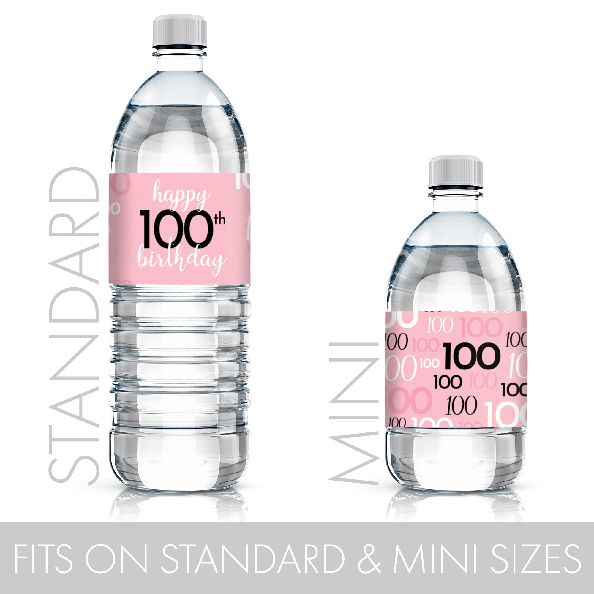 Pink, Black, and White 100th Birthday Party Water Bottle Labels - 24 Waterproof Wrappers - Pink Birthday Decorations for Women