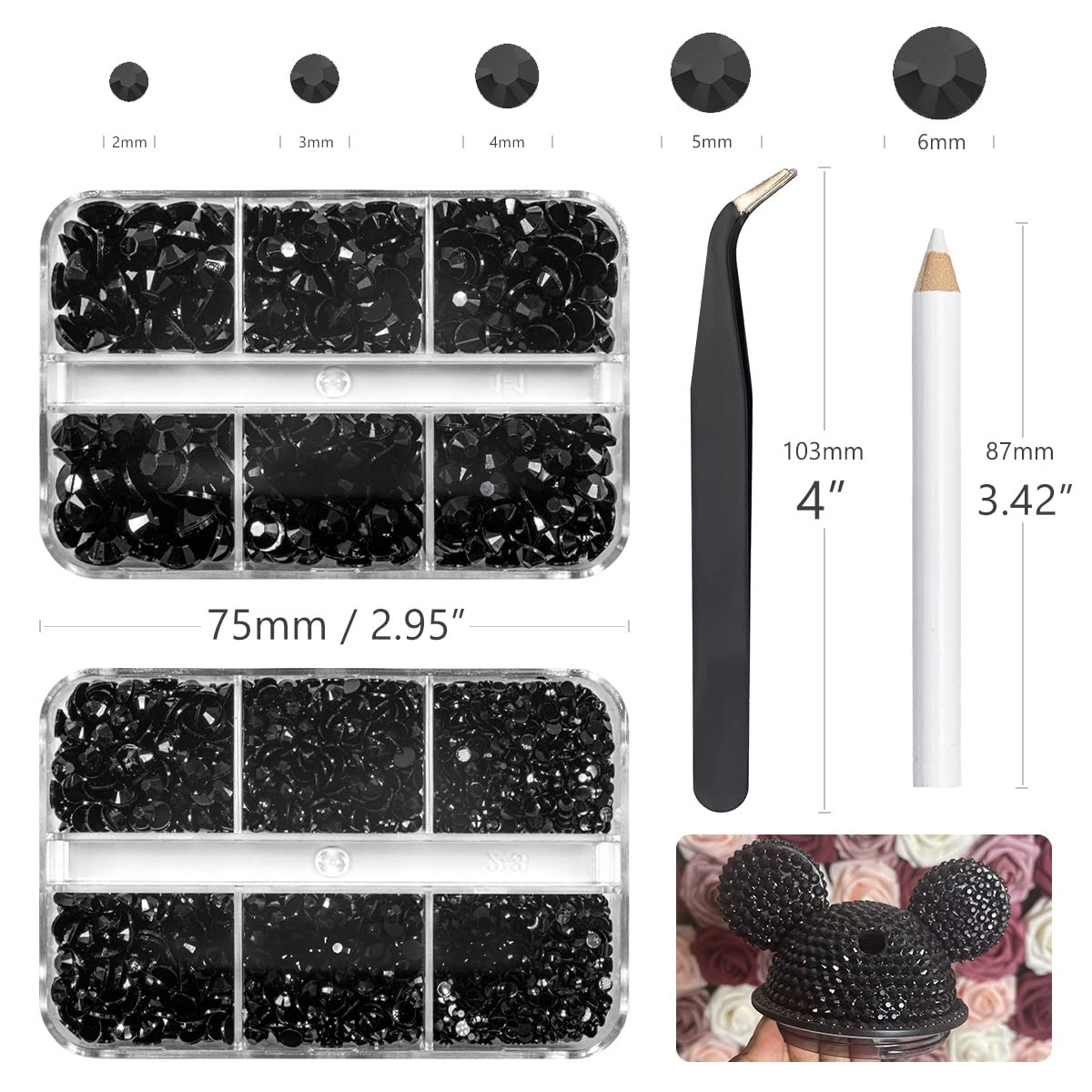 qiipii 3060PCS Black Resin Flatback Rhinestones for Crafts Pure Black Flatback Jelly Rhinestones 2mm 3mm 4mm 5mm 6mm Non Hotfix Dark Black Gems Stones Diamonds for Tumblers Mugs Bottles DIY Crafts