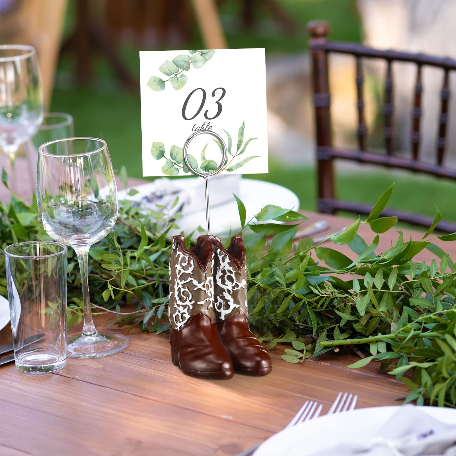 Tatuo 6 Pcs Cowboy Boots Table Number Holders Cute Photo Balloon Place Card Holder Cute Table Number Stands Picture Menu Memo Clips for Food Signs Party Wedding Anniversary Decorations (Dark Brown)