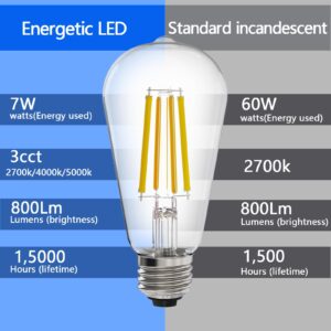 E ENERGETIC LIGHTING ST58/ST18, LED Filament Light Bulbs, 3CCT, 2700K/4000K/5000K,High Brightness, 7W, 60 W Equivalent,Classic Clear Glass, E26, 4 Pack