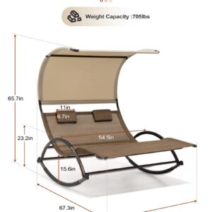 Crestlive Products Outdoor Double Chaise Lounge Chair with Canopy & Wheels, 2 Person Patio Rocking Lounge Chair with Sun Shade & Headrests for Garden, Backyard, Poolside (Brown)