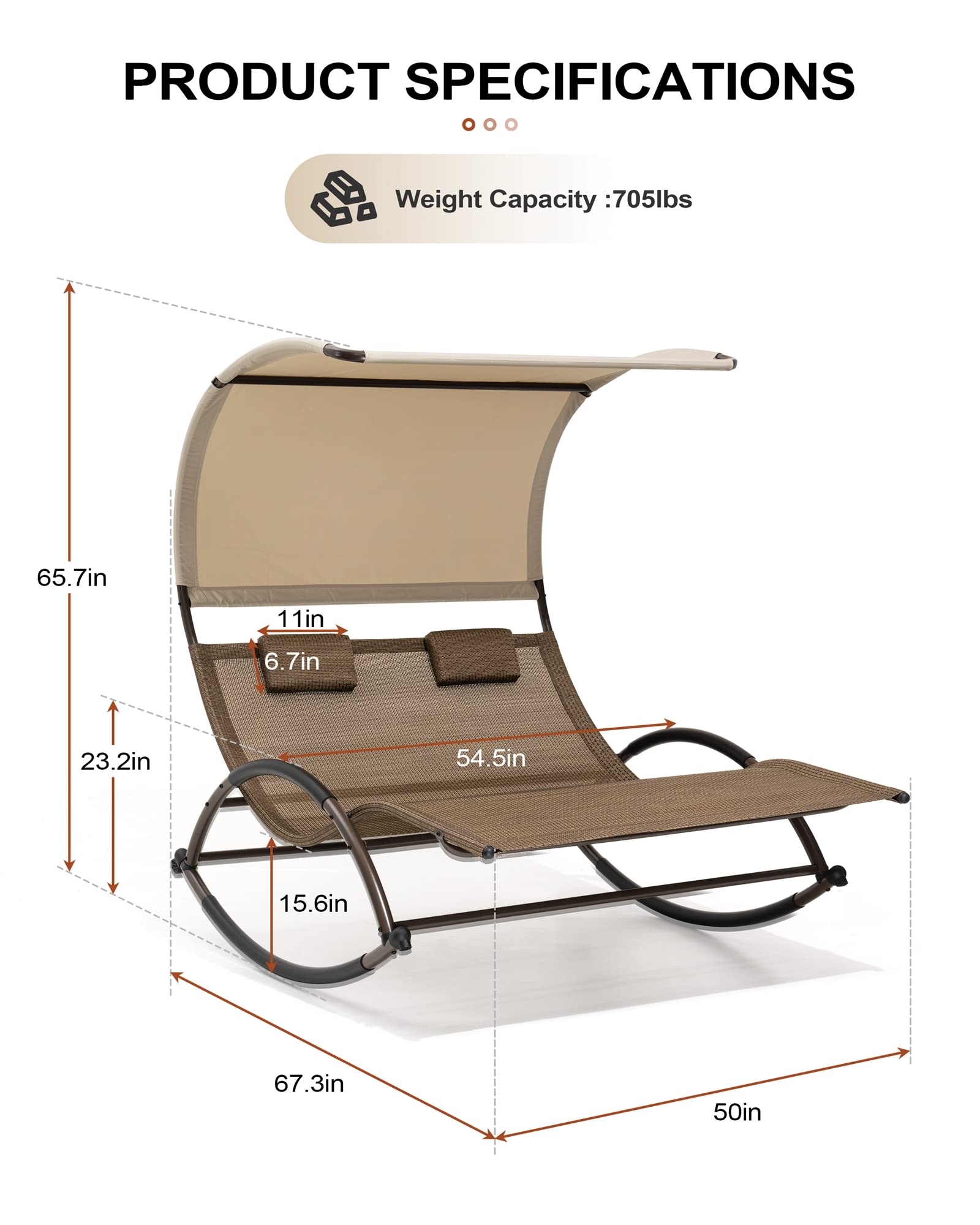 Crestlive Products Outdoor Double Chaise Lounge Chair with Canopy & Wheels, 2 Person Patio Rocking Lounge Chair with Sun Shade & Headrests for Garden, Backyard, Poolside (Brown)