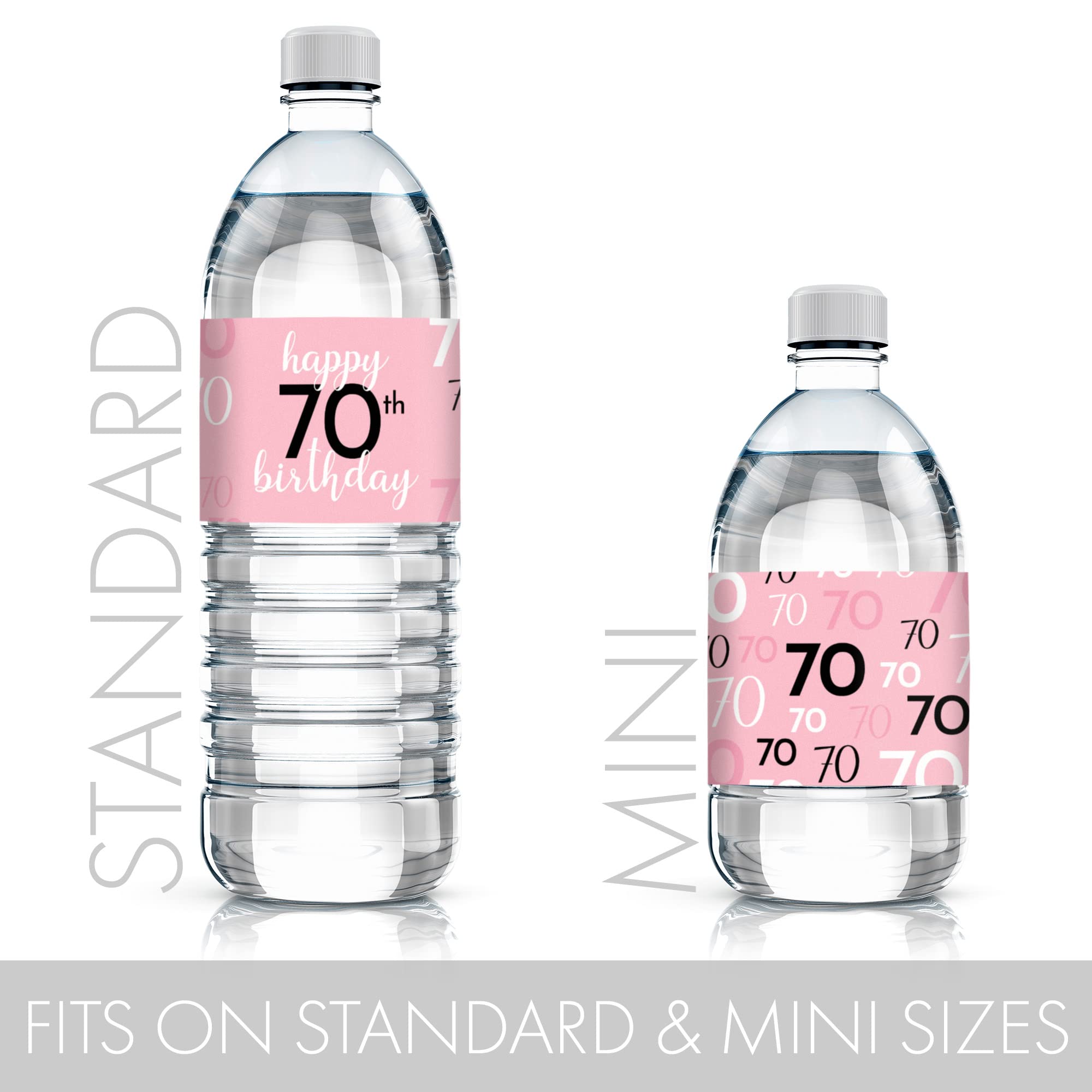 Pink, Black, and White 70th Birthday Party Water Bottle Labels - 24 Waterproof Wrappers, 70th Birthday Decorations for Women