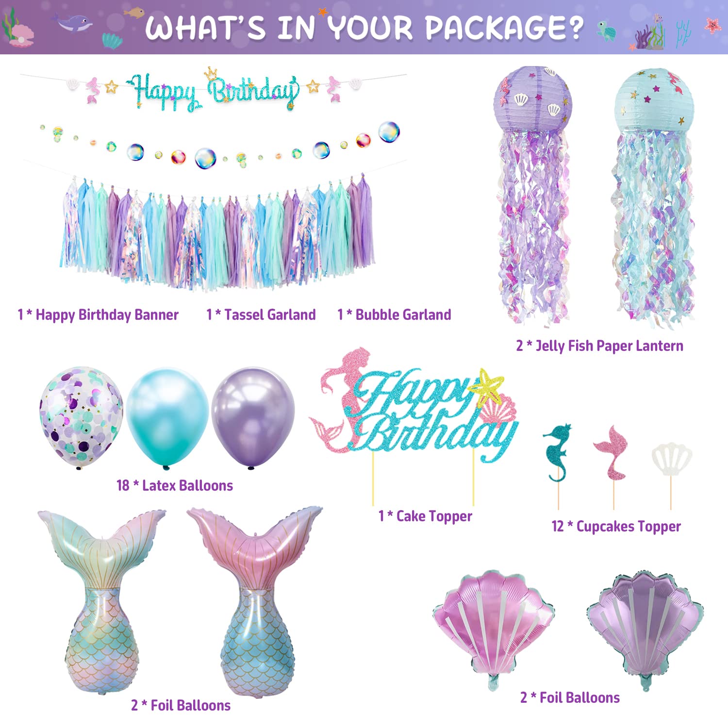 Mermaid Birthday Party Decorations Supplies Banner Tassel Garland Bubble Garland Hanging Jelly Fish Paper Lanterns Balloons Cake Topper Mermaid Happy Birthday Decorations for Kids Girls Women