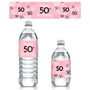 pink, black, and white 50th birthday party water bottle labels - 24 count, 50th birthday party decorations for women