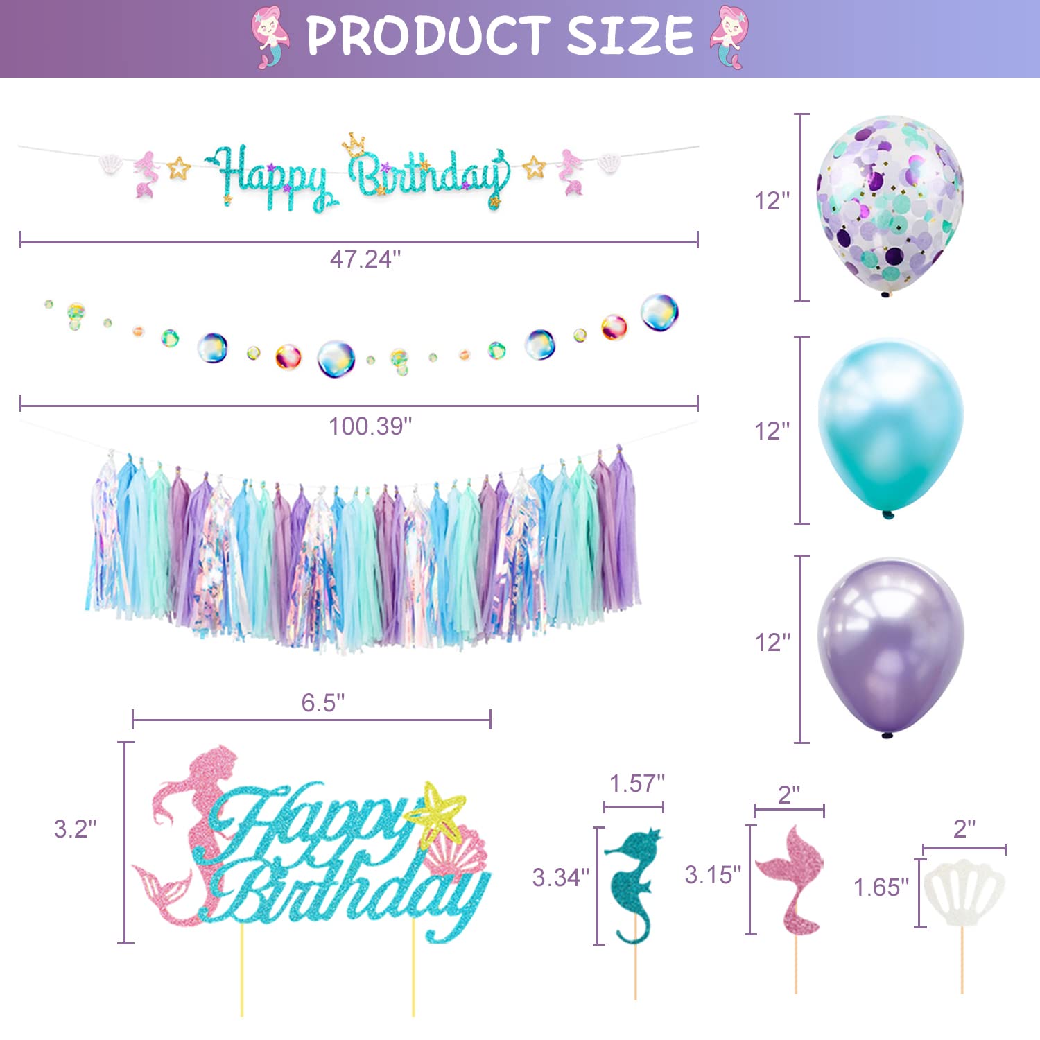 Mermaid Birthday Party Decorations Supplies Banner Tassel Garland Bubble Garland Hanging Jelly Fish Paper Lanterns Balloons Cake Topper Mermaid Happy Birthday Decorations for Kids Girls Women