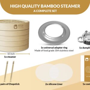 BELLA COOKS Bamboo Steamer for Cooking - Steamer Basket with a Ring - Fits every Pan & Pot - Dumpling Steamer - Incl. Extra Chopsticks & Silicone Liners