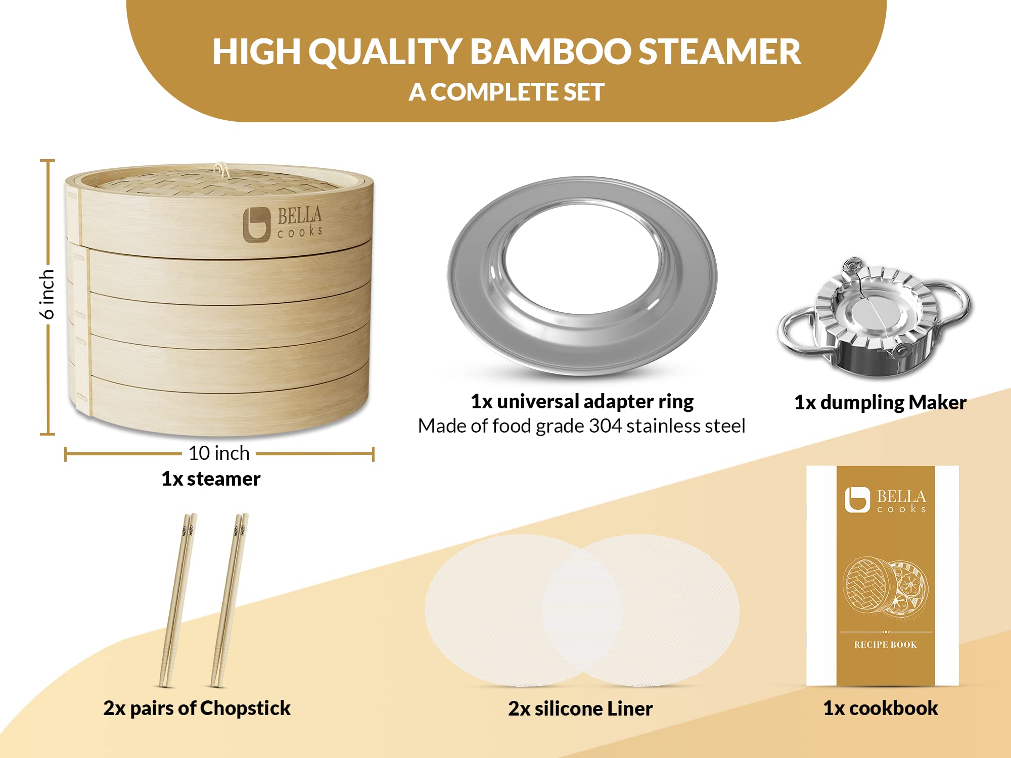 BELLA COOKS Bamboo Steamer for Cooking - Steamer Basket with a Ring - Fits every Pan & Pot - Dumpling Steamer - Incl. Extra Chopsticks & Silicone Liners