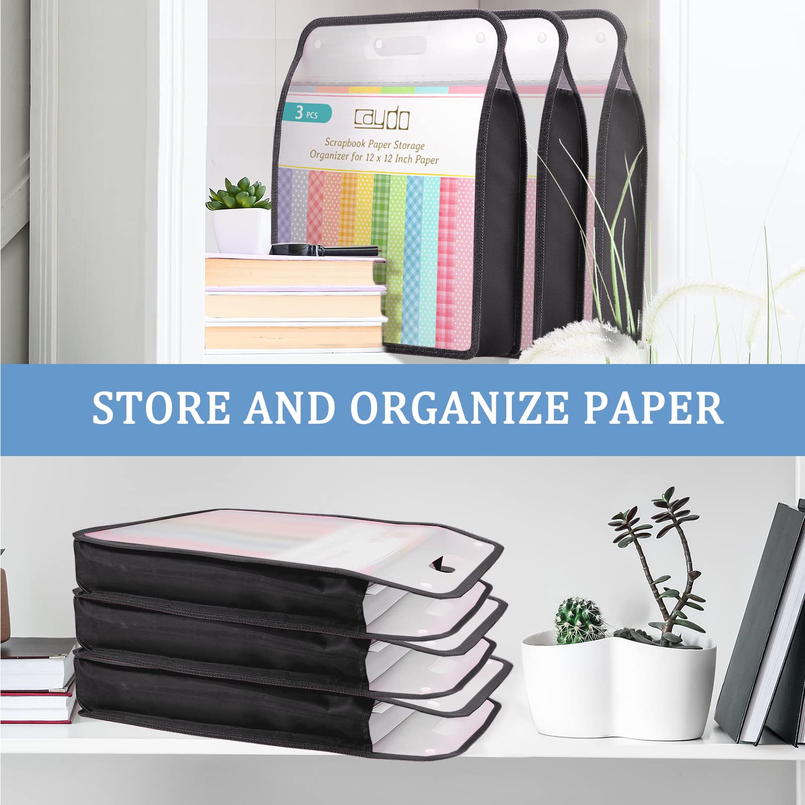 Caydo Scrapbook Paper Organizer, 3 Pack Black Expanding Paper Folio with Handle, Clear Portable Scrapbook Paper Storage for Holding 12 x 12 Inch Scrapbook, Vinyl Paper