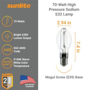 Sunlite 02503 LU70/MOG 70 Watt High Pressure Sodium Light Bulb, Mogul Base (E39), ANSI Code S62, 6300 Lumen, 24000 Life Hours, Clear, 2100K, 2-Pack