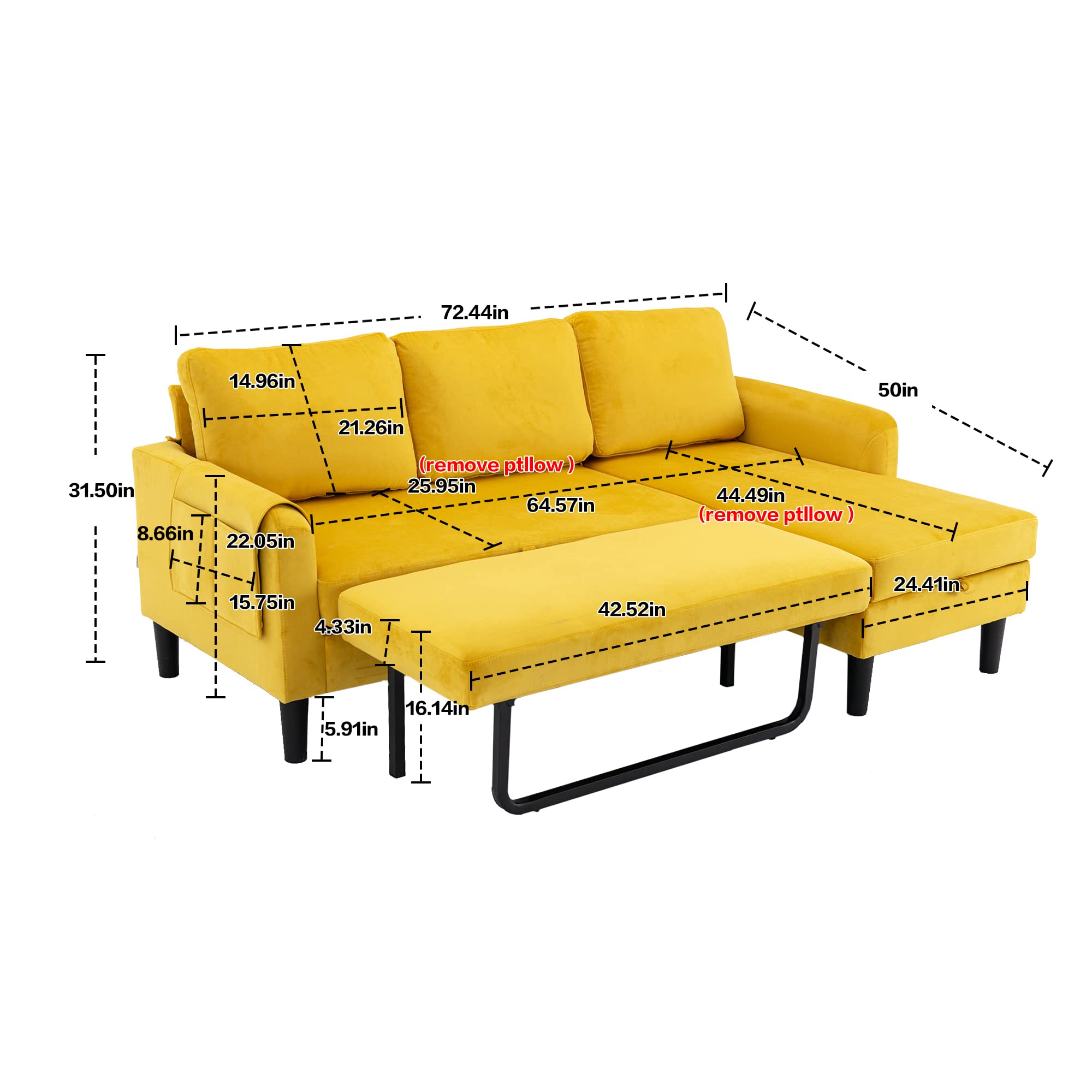 Hdxdkog L-Shaped Sectional Sofa with Pull-Out Bed 72" Sectional Sleeper Sofa Bed with Storage Chaise Lounge and Pocket, Upholstered Corner Couch for Living Room Home Office (Mustard)