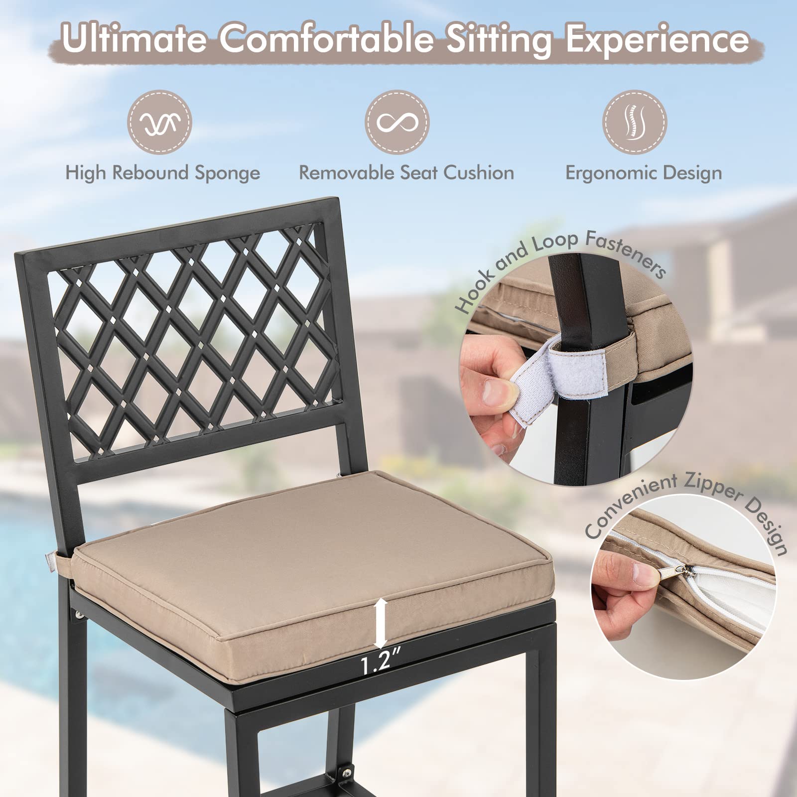 COSTWAY 2 PCS Patio Bar Chairs, Heavy-Duty Metal Frame Bar Stools Set of 2, Indoor Outdoor All-Weather Resistant Barstools with Detachable Cushion & Footrest, for Patio, Garden, Poolside(2)