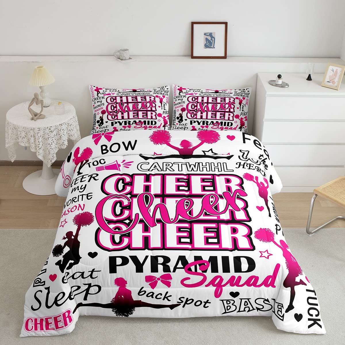 Gymnastics Lovers Girls Comforter Set Full Size,Cheerleader Silhouette Bedding Set for Kids Teens Woman,Plaid Patchwork Quilt Set Cheerleader Gift,Cheerleading Quotes Duvet Insert with 2 Pillowcases