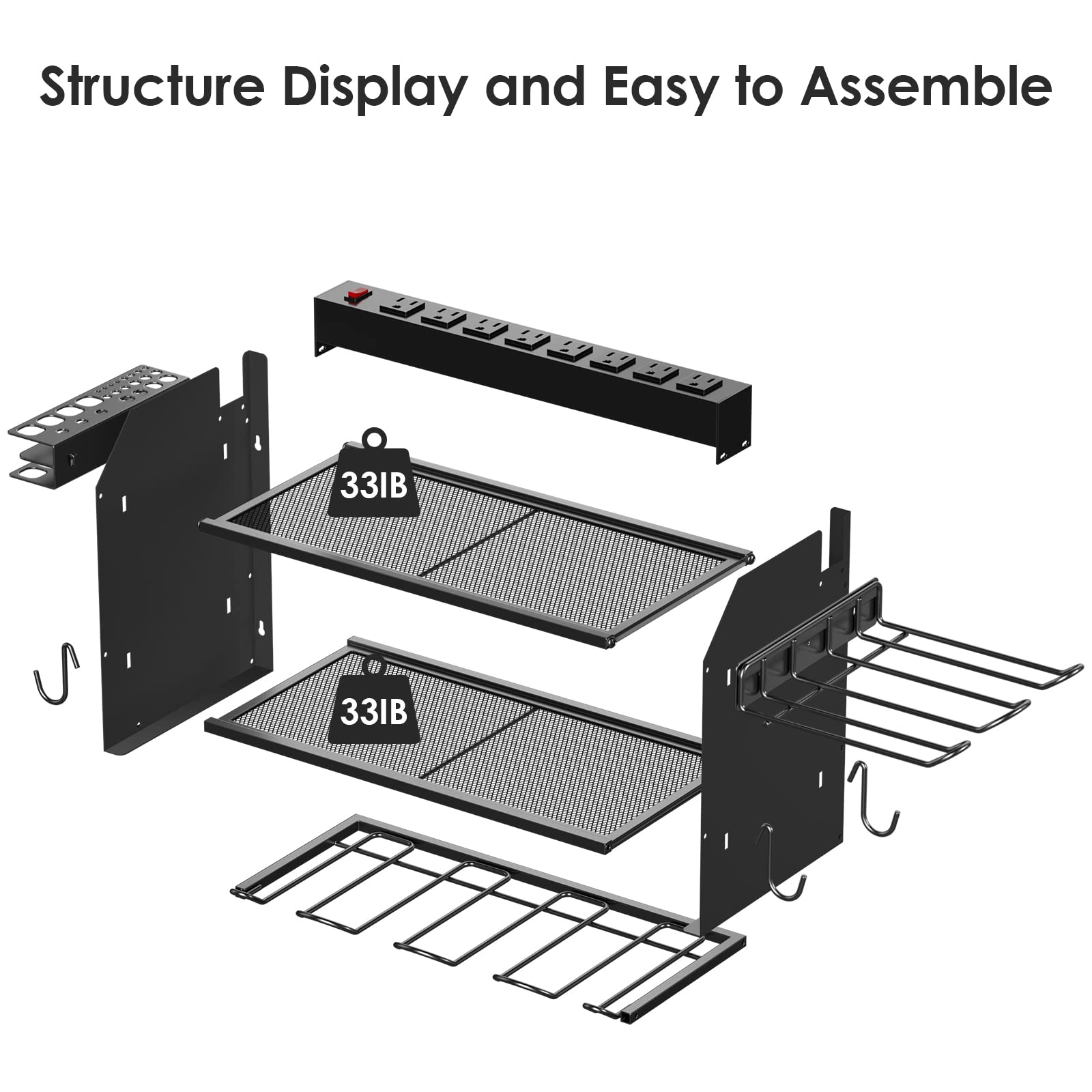 CCCEI Modular Power Tool Organizer Wall Mount Charging Station, Black 6 Drills Holder with 8 Plug Power Strip, Garage Drill Battery Heavy Duty Metal Shelf, Utility Rack with Hooks, Side Storage.