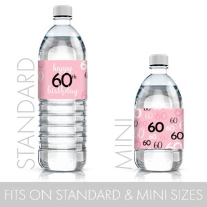 Pink, Black, and White 60th Birthday Party Water Bottle Labels - 24 Waterproof Wrappers, 60th Birthday Decorations for Women