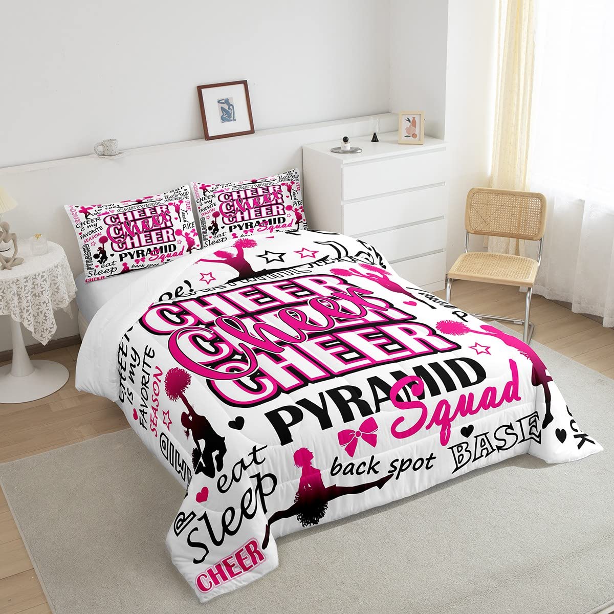 Gymnastics Lovers Girls Comforter Set Full Size,Cheerleader Silhouette Bedding Set for Kids Teens Woman,Plaid Patchwork Quilt Set Cheerleader Gift,Cheerleading Quotes Duvet Insert with 2 Pillowcases