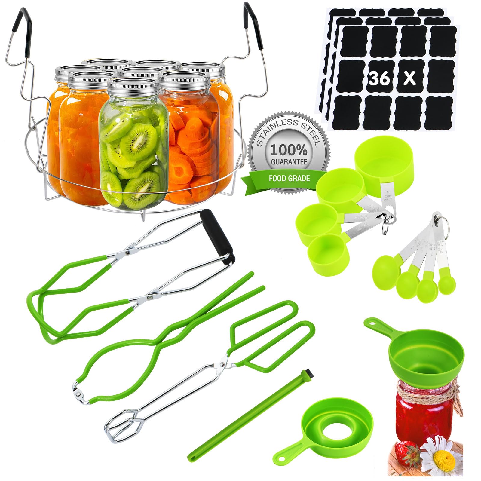 Canning Supplies Starter Kit Stainless Steel Canner Tools Set with Canning Rack, Jar Lifter Tongs, Funnel, Labels, Jar Wrench for Canning Pot Accessories (Light Green with Rack)