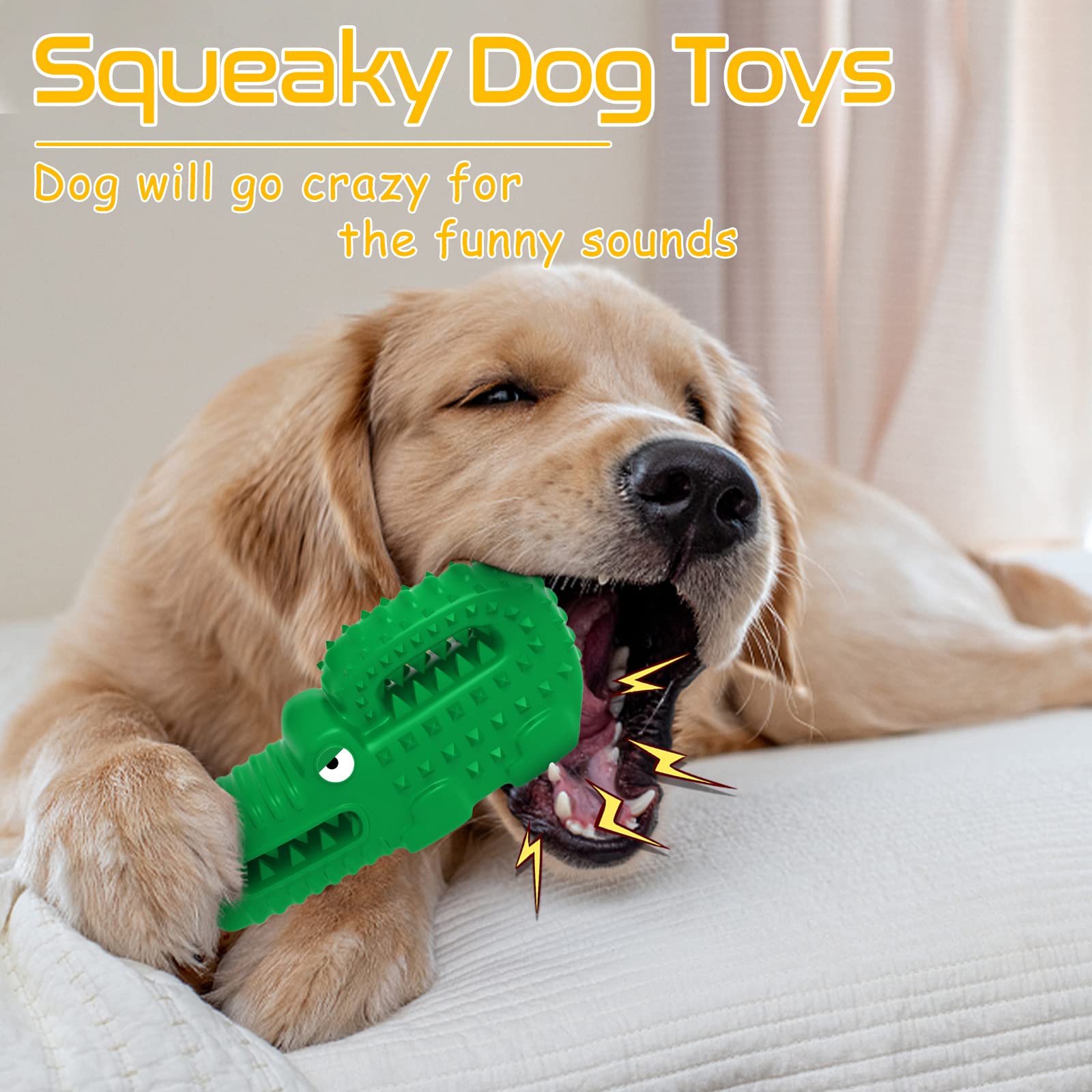 Zimtty Dog Toys, Squeaky Indestructible Dog Chew Toys for Aggressive Chewers, Tough Alligator Rubber Teething Chew Dog Toys for Large Medium Small Dog (Green Crocodile)