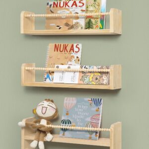 Mazjoaru Nursery Book Shelves for Wall Set of 3, Natural Wood Bookshelves Wall Decor, Small Floating Shelf Organizer for Kids Room, Bedroom, Kitchen Spice Rack