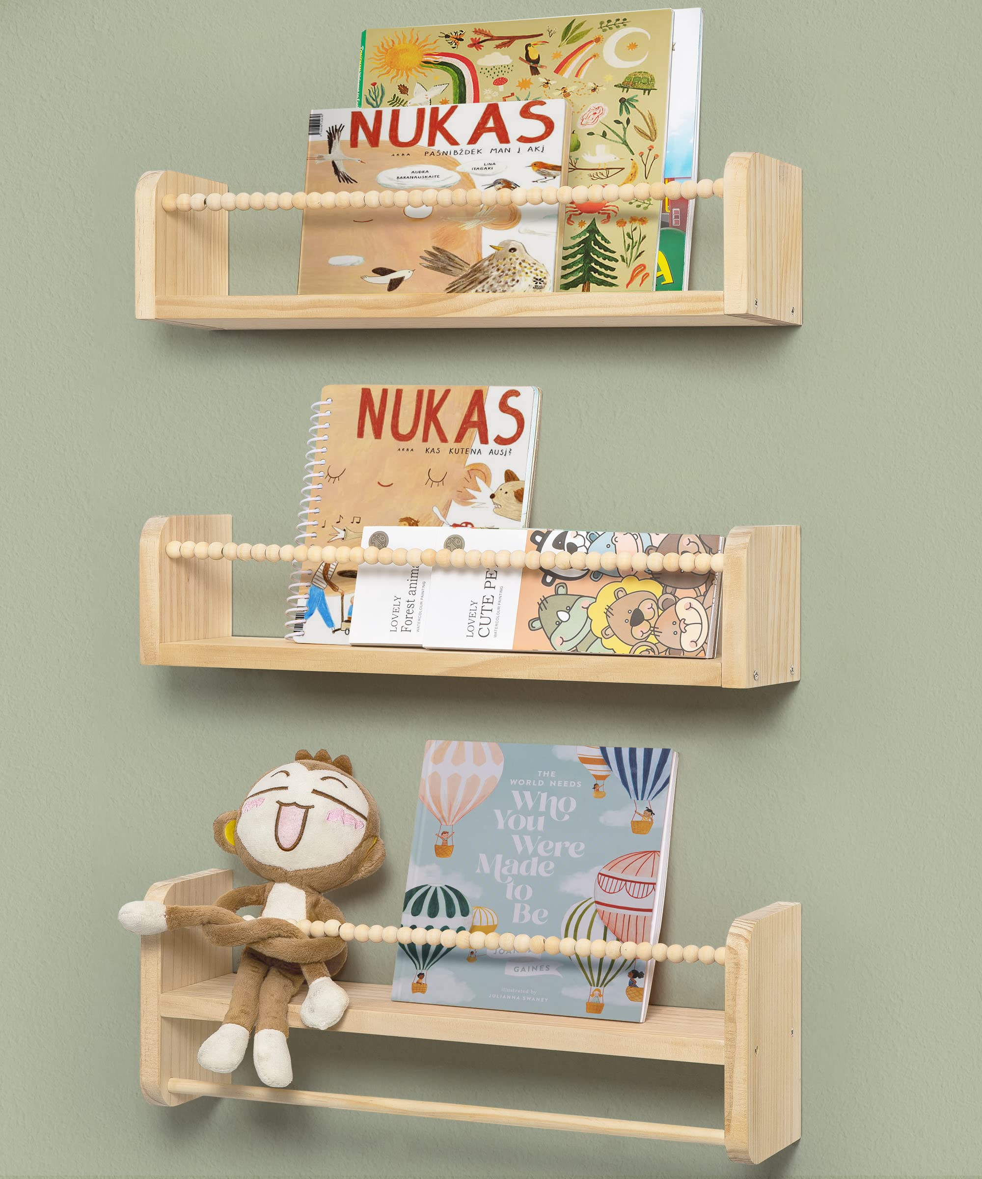 Mazjoaru Nursery Book Shelves for Wall Set of 3, Natural Wood Bookshelves Wall Decor, Small Floating Shelf Organizer for Kids Room, Bedroom, Kitchen Spice Rack