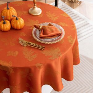 joycloth Fall Tablecloth Autumn Metallic Leaf Weaven Damask Farbric Tablecloths, Spillproof Easy Care Tablecover for Thanksgiving, Harvest, Gathering Party Decoration, Rust, Round 60 Inch