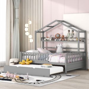 Full Size House Bed with Trundle and Storage Shelves, Montessori Bed Full Platform Bed with Roof, Tent Bed, Solid Wood Playhouse Bed Frame for Kids Teens Girls Boys (Full, Gray)