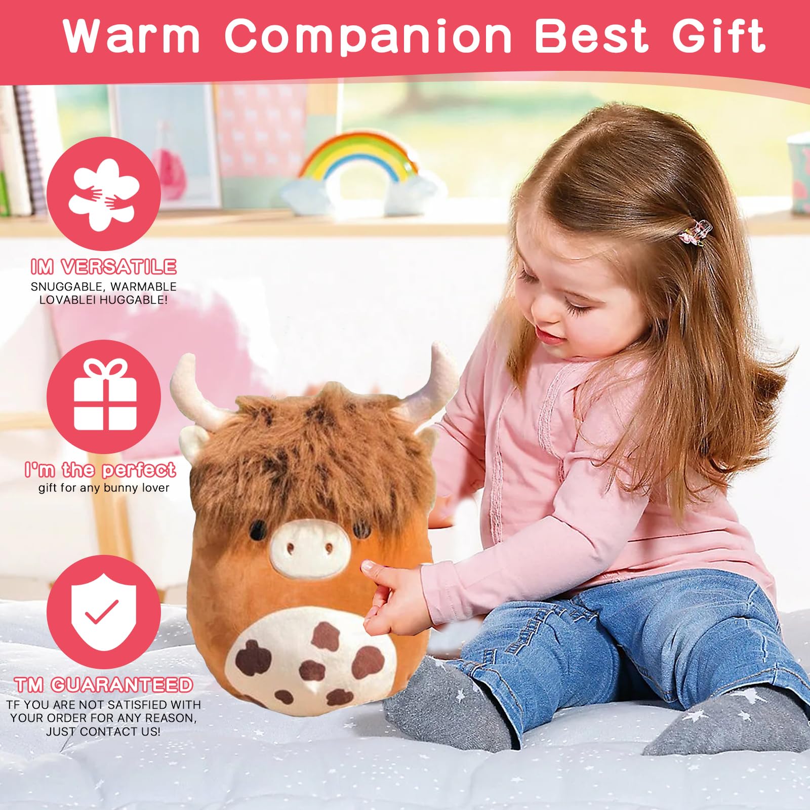 WeightedPlush 12'' Scottish Cow Plush Toy - Soft Stuffed Animal Pillow for Kids, Girls, Boys - Cute Kawaii Brown Fluffy Cow Plushie for Birthdays, Valentines Day