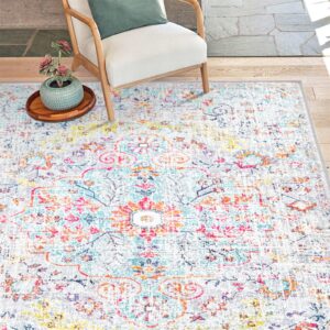 estmy colorful boho floral oriental 4x6 area rugs - ultra thin washable stain resistant vintage distressed carpet accent rugs for bedroom living room dining room