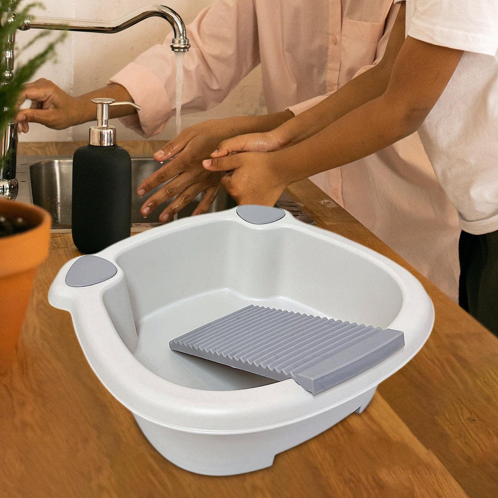 Gralara Laundry Wash Basin with Washboard, Washing Clothes Bucket Hand Wash Board Basin for Laundry Japanese Laundry Tub for T Shirt, Underwear, Gray